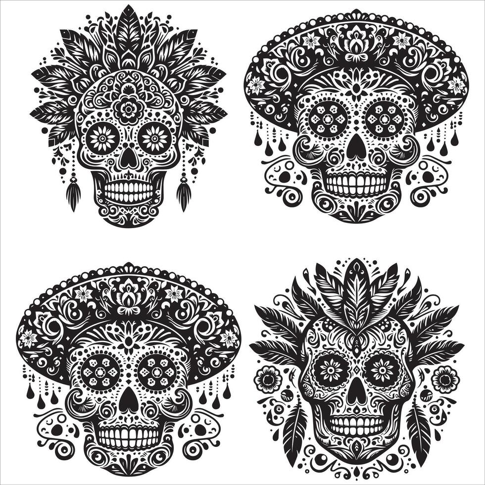 Day Of The Dead Mexican floral Skull silhouette design tattoo Illustration Set In Black And White stock illustrationPrint vector