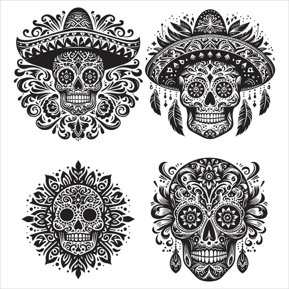 Day Of The Dead Mexican floral Skull silhouette design tattoo Illustration Set In Black And White stock illustrationPrint vector