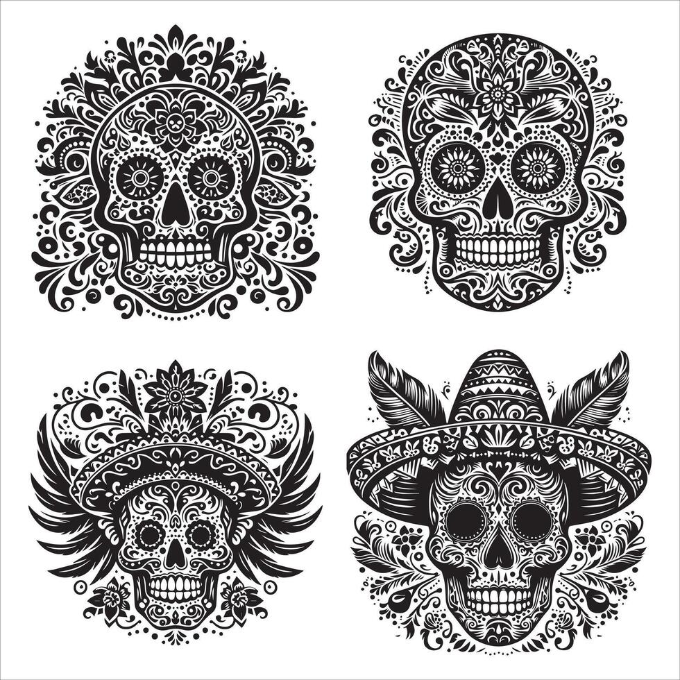 Day Of The Dead Mexican floral Skull silhouette design tattoo Illustration Set In Black And White stock illustrationPrint vector