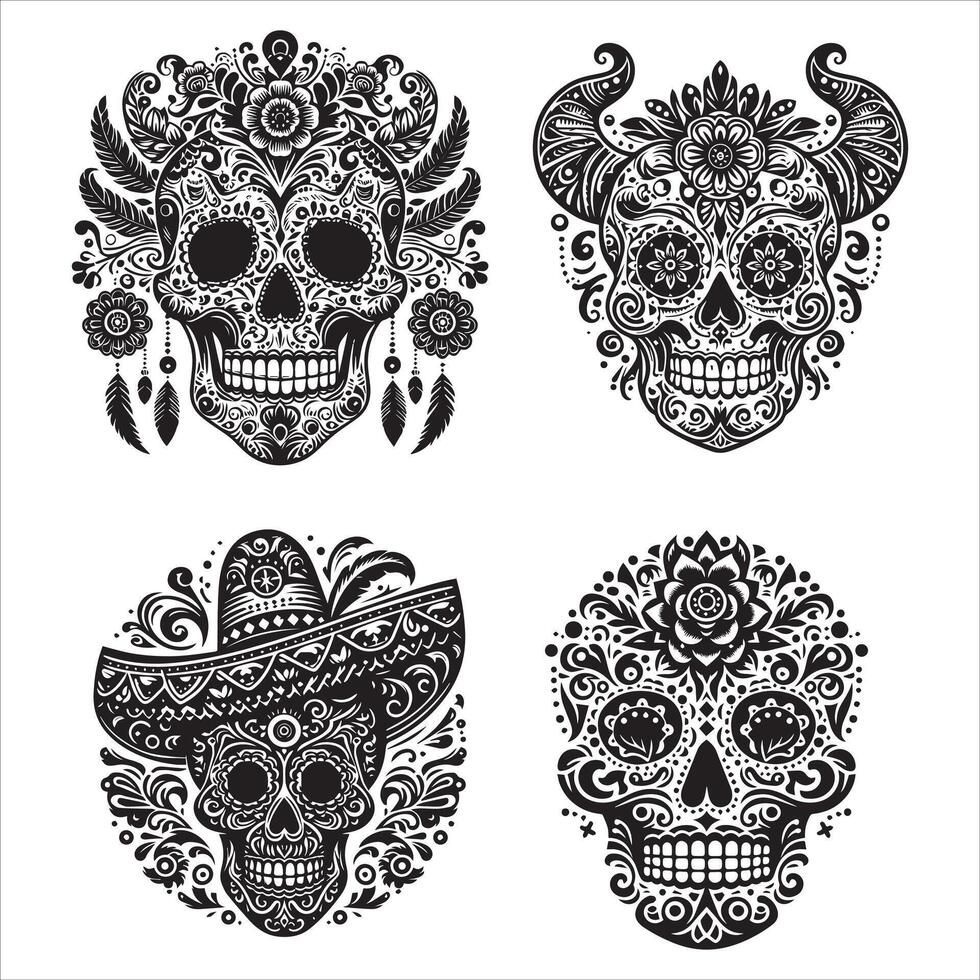 Day Of The Dead Mexican floral Skull silhouette design tattoo Illustration Set In Black And White stock illustrationPrint vector