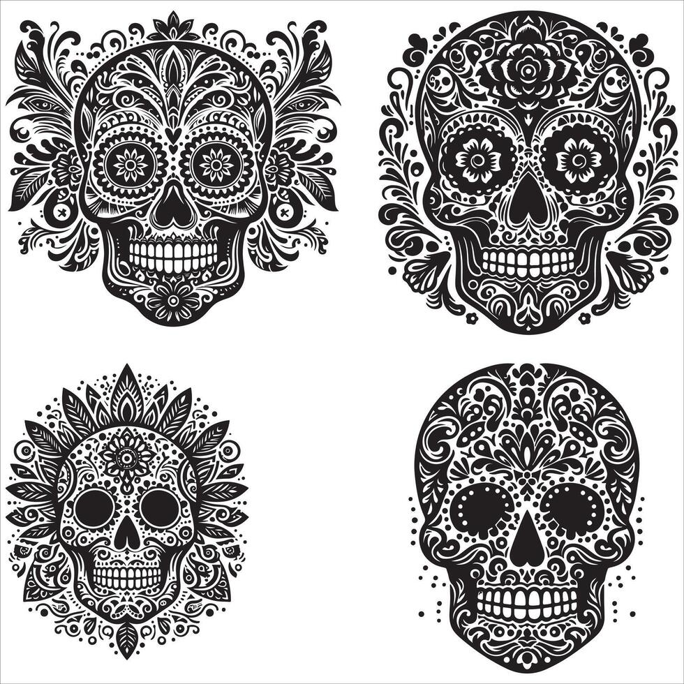 Day Of The Dead Mexican floral Skull silhouette design tattoo Illustration Set In Black And White stock illustrationPrint vector