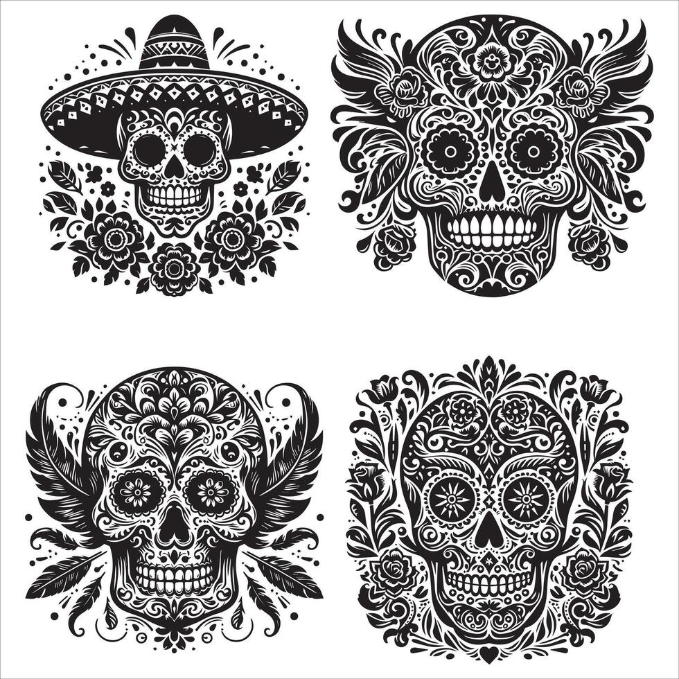 Day Of The Dead Mexican floral Skull silhouette design tattoo Illustration Set In Black And White stock illustrationPrint vector