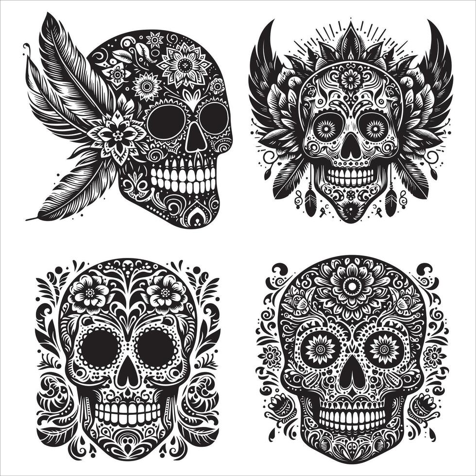 Day Of The Dead Mexican floral Skull silhouette design tattoo Illustration Set In Black And White stock illustration vector
