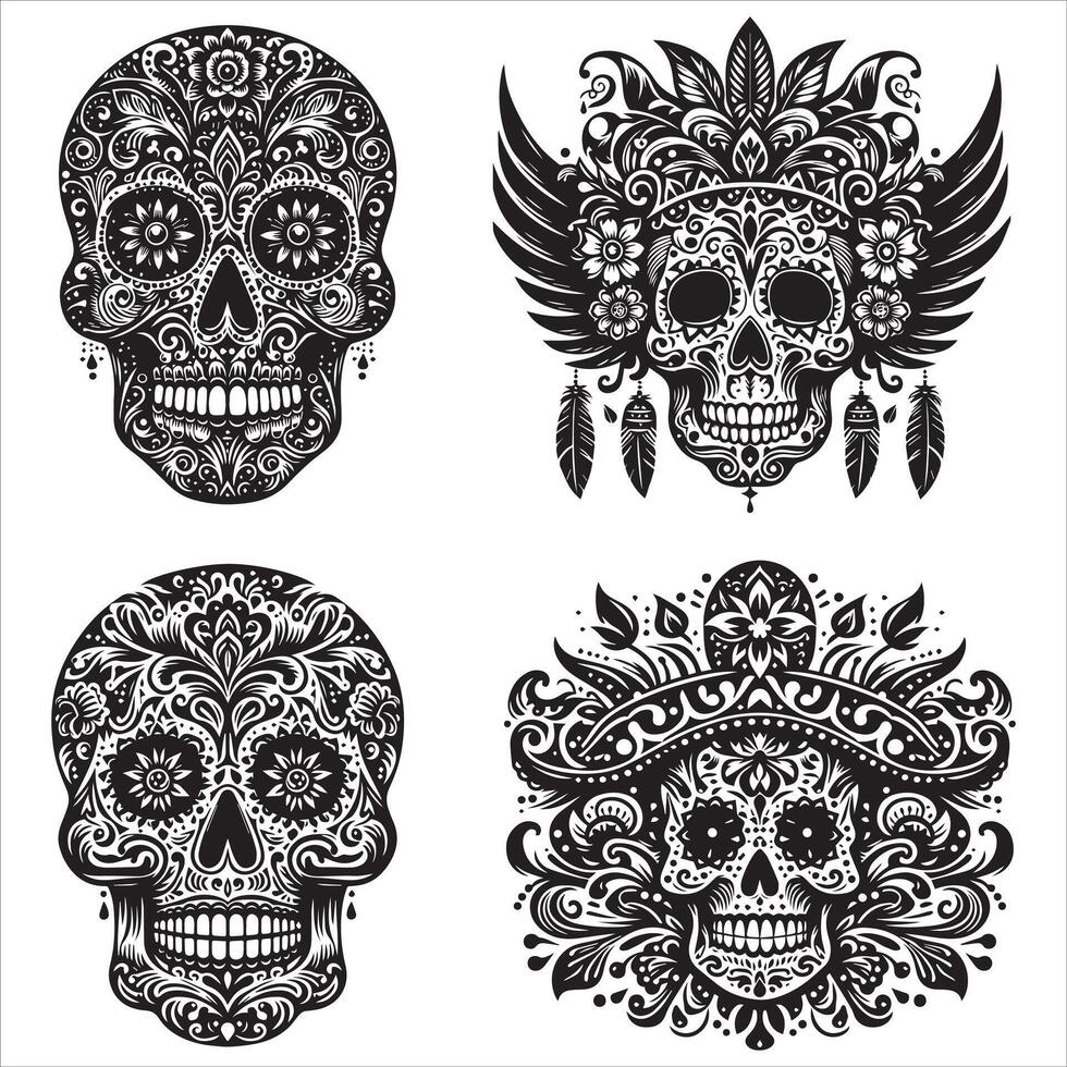 Day Of The Dead Mexican floral Skull silhouette design tattoo Illustration Set In Black And White stock illustrationPrint vector