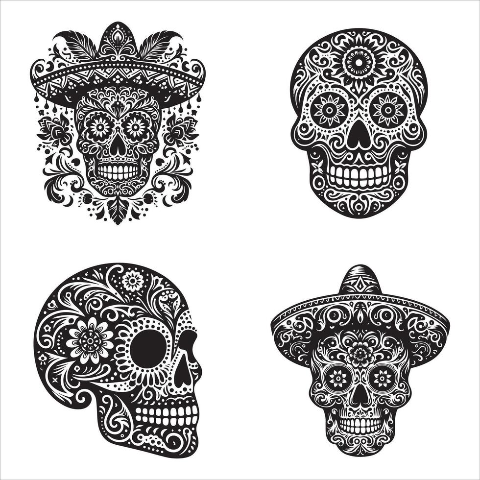 Day Of The Dead Mexican floral Skull silhouette design tattoo Illustration Set In Black And White stock illustrationPrint vector