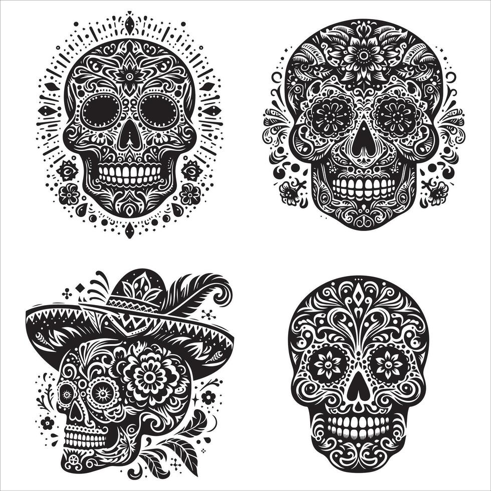 Day Of The Dead Mexican floral Skull silhouette design tattoo Illustration Set In Black And White stock illustration vector