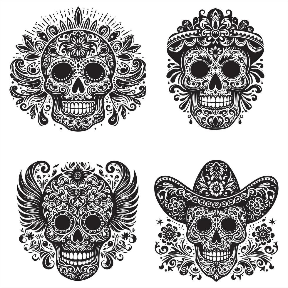 Day Of The Dead Mexican floral Skull silhouette design tattoo Illustration Set In Black And White stock illustration vector
