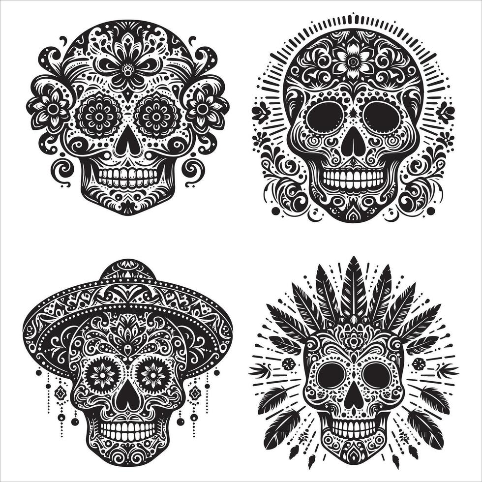 Day Of The Dead Mexican floral Skull silhouette design tattoo Illustration Set In Black And White stock illustration vector