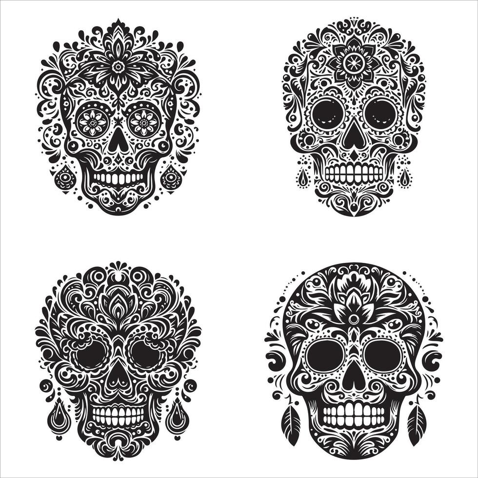 Day Of The Dead Mexican floral Skull silhouette design tattoo Illustration Set In Black And White stock illustration vector