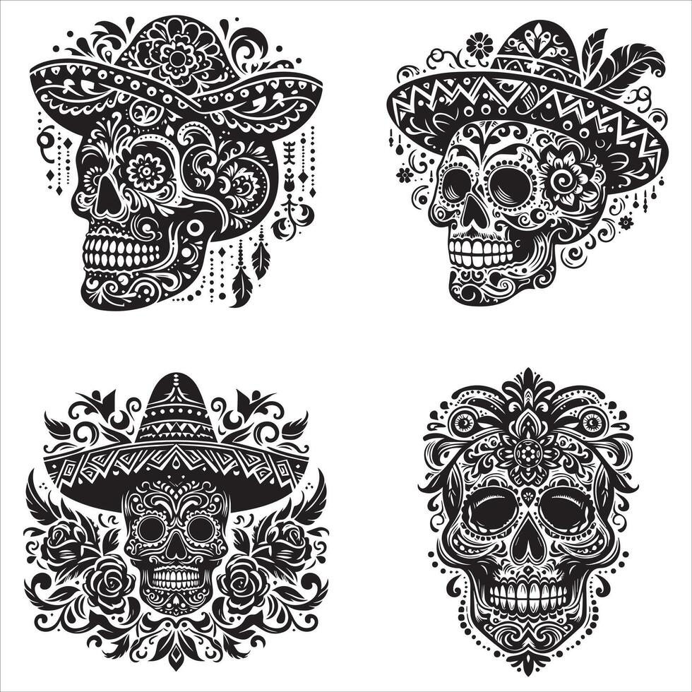 Day Of The Dead Mexican floral Skull silhouette design tattoo Illustration Set In Black And White stock illustration vector