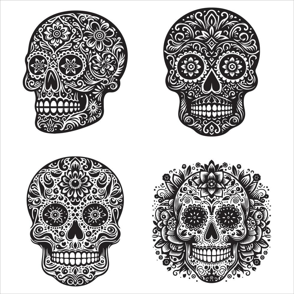 Day Of The Dead Mexican floral Skull silhouette design tattoo Illustration Set In Black And White stock illustration vector