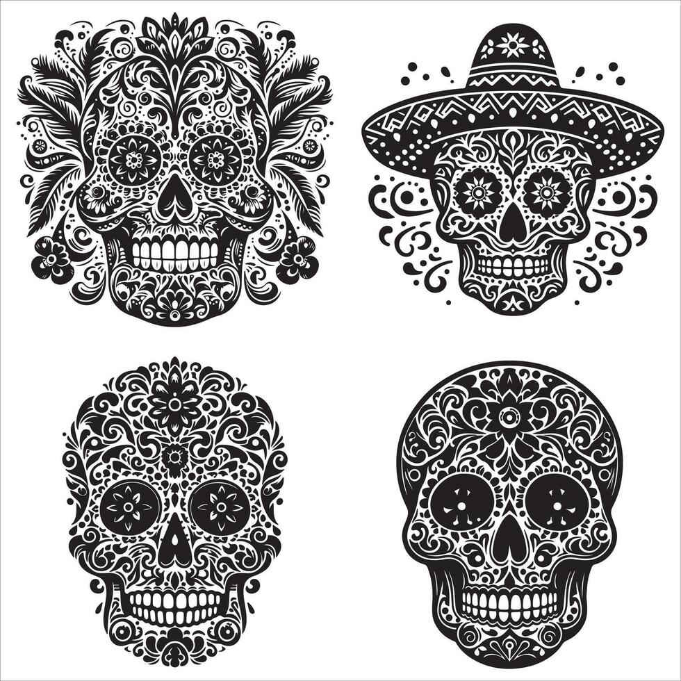 Day Of The Dead Mexican floral Skull silhouette design tattoo Illustration Set In Black And White stock illustration vector