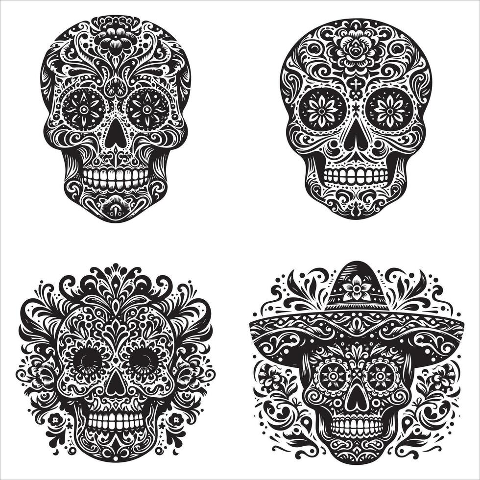 Day Of The Dead Mexican floral Skull silhouette design tattoo Illustration Set In Black And White stock illustration vector