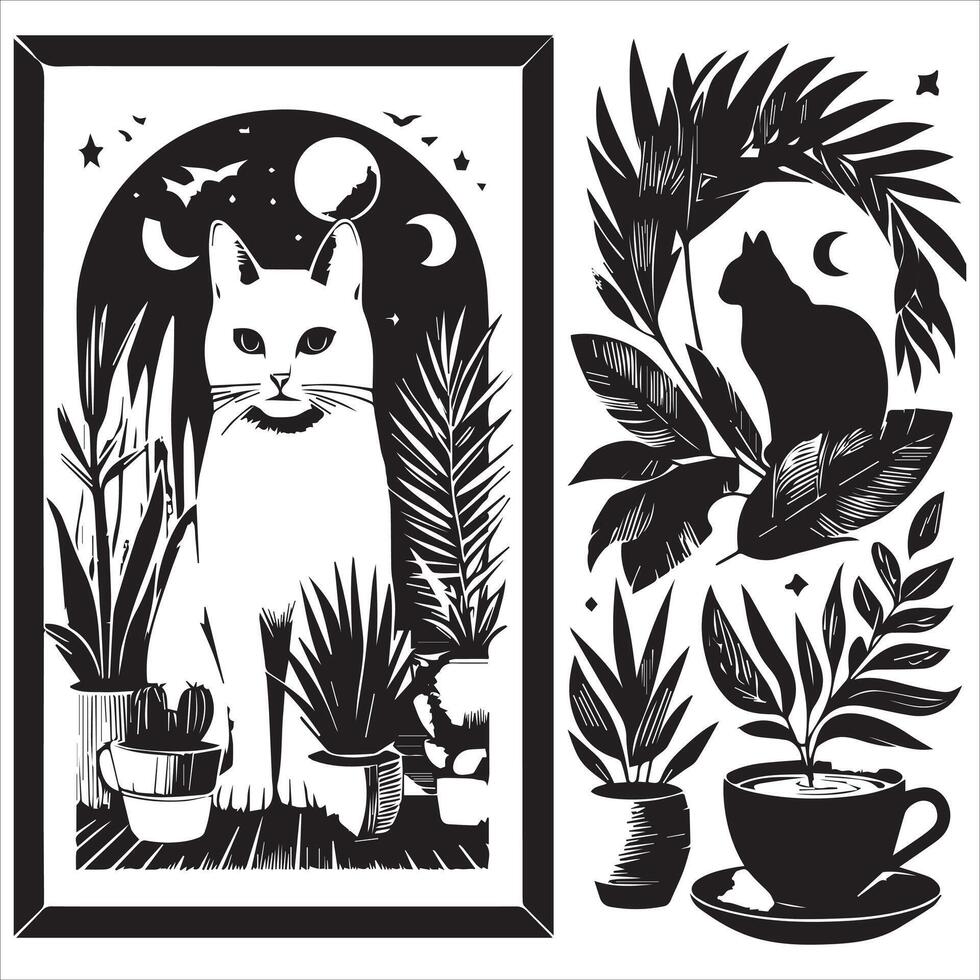 A silhouette black cat in an illustration frame with a floral design on its back silhouette print design vector