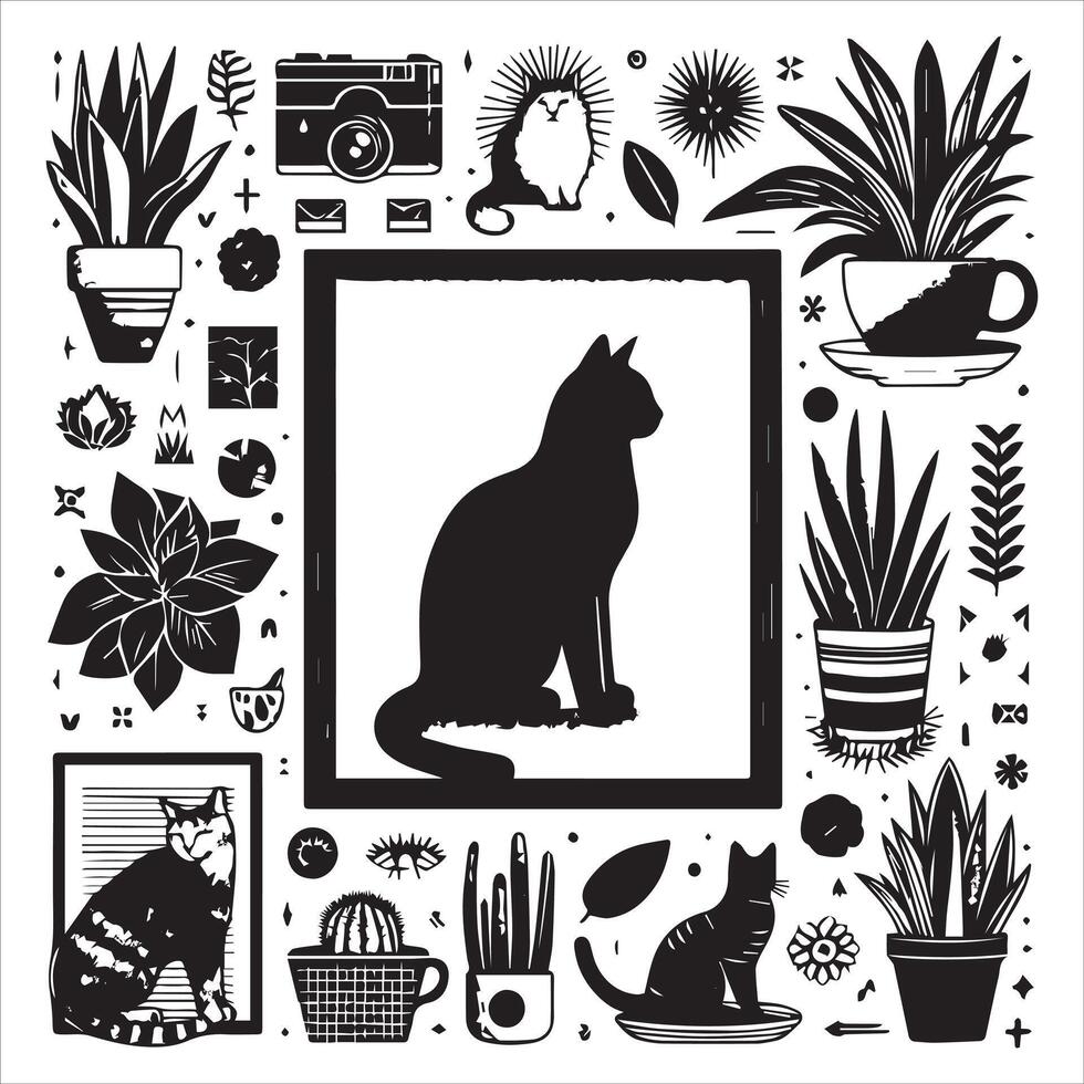 A silhouette black cat in an illustration frame with a floral design on its back silhouette print design vector