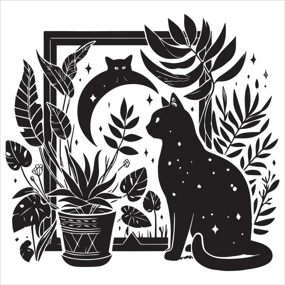 A silhouette black cat in an illustration frame with a floral design on its back silhouette print design vector