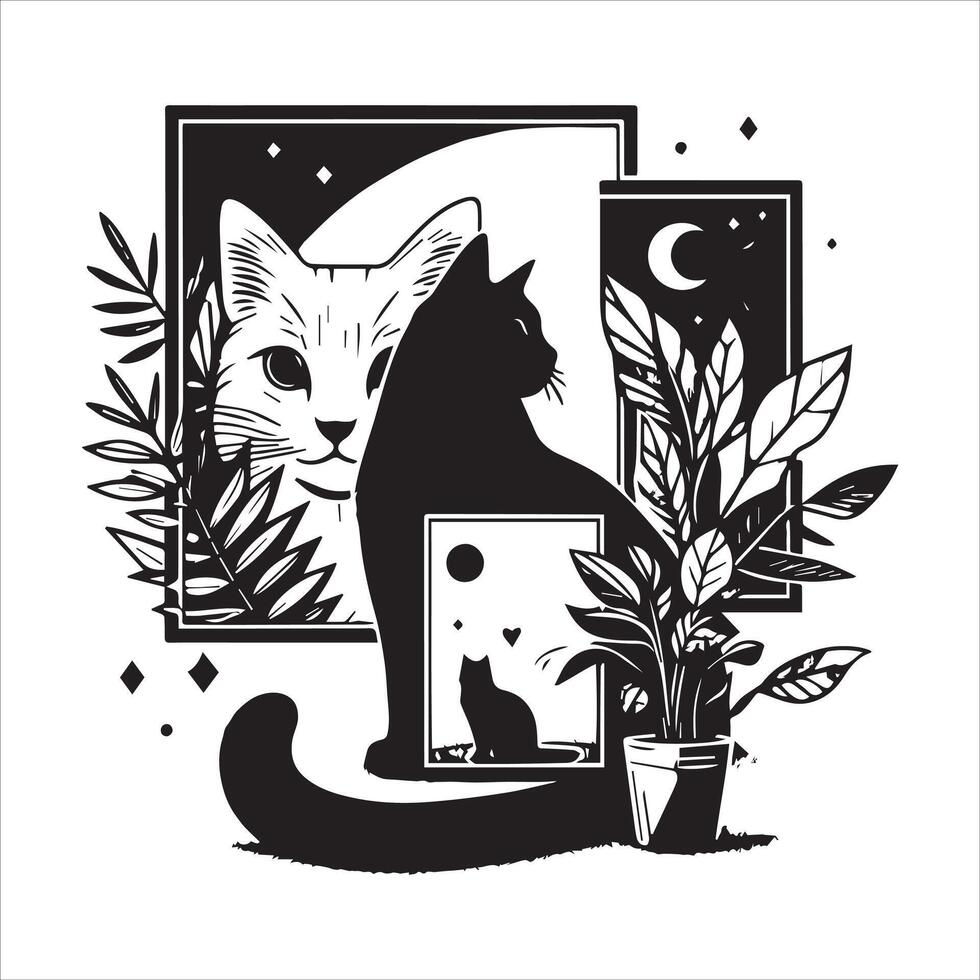 A silhouette black cat in an illustration frame with a floral design on its back silhouette print design vector