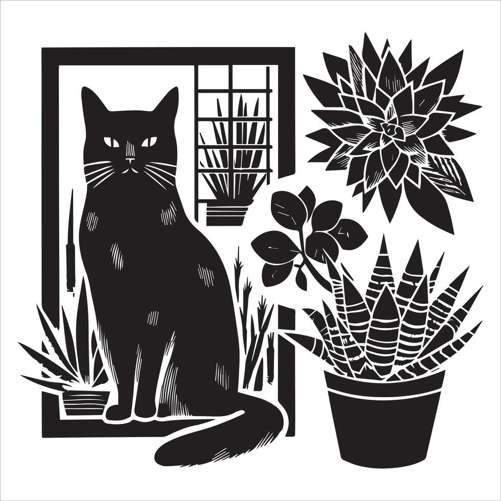 A silhouette black cat in an illustration frame with a floral design on its back silhouette print design vector