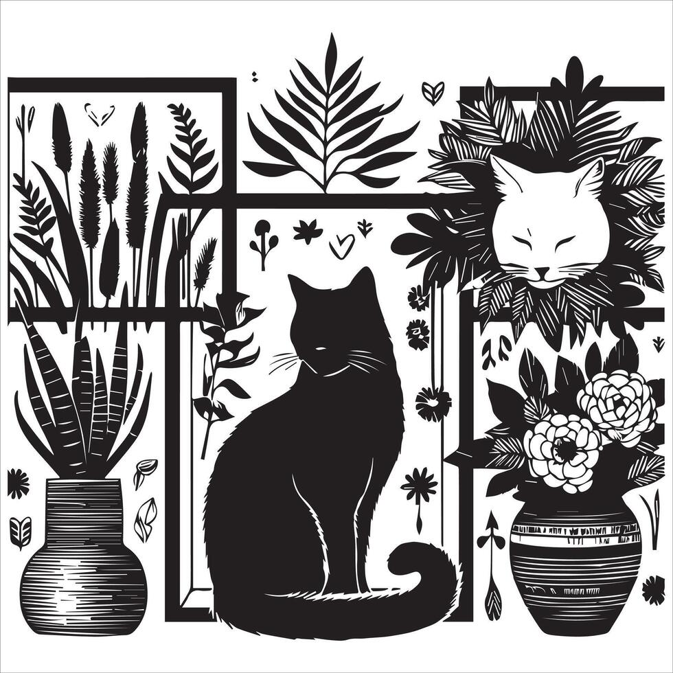 A silhouette black cat in an illustration frame with a floral design on its back silhouette print design vector