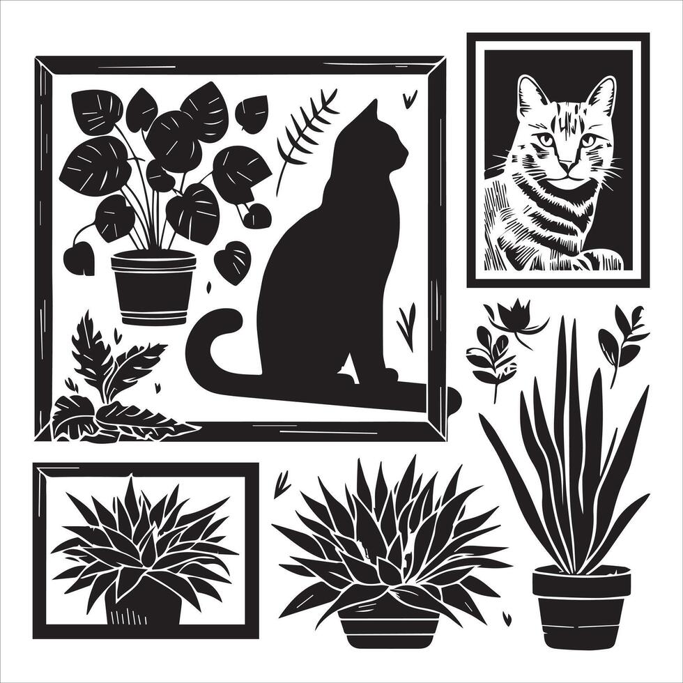 A silhouette black cat in an illustration frame with a floral design on its back silhouette print design vector