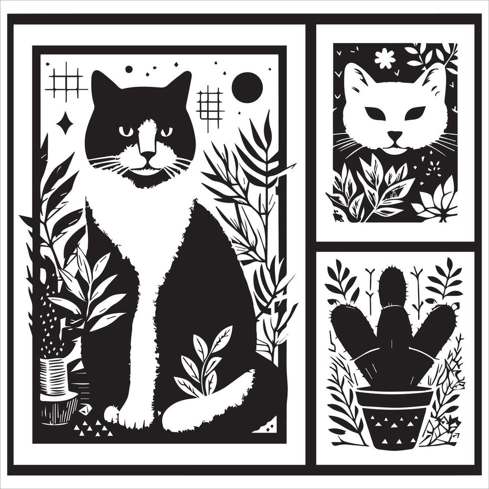 A silhouette black cat in an illustration frame with a floral design on its back silhouette print design vector