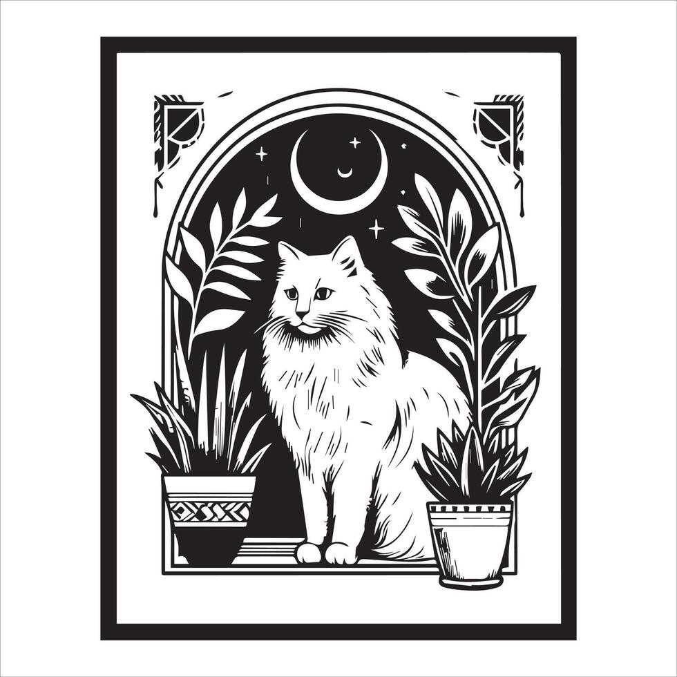 A silhouette black cat in an illustration frame with a floral design on its back silhouette print design vector