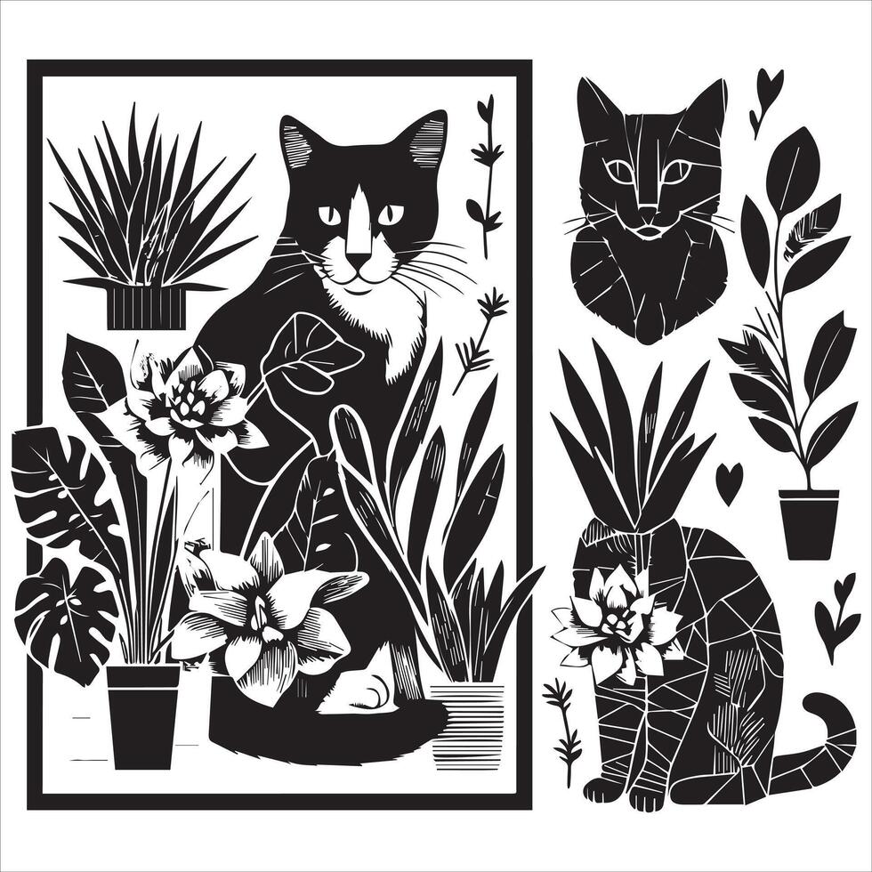 A silhouette black cat in an illustration frame with a floral design on its back silhouette print design vector