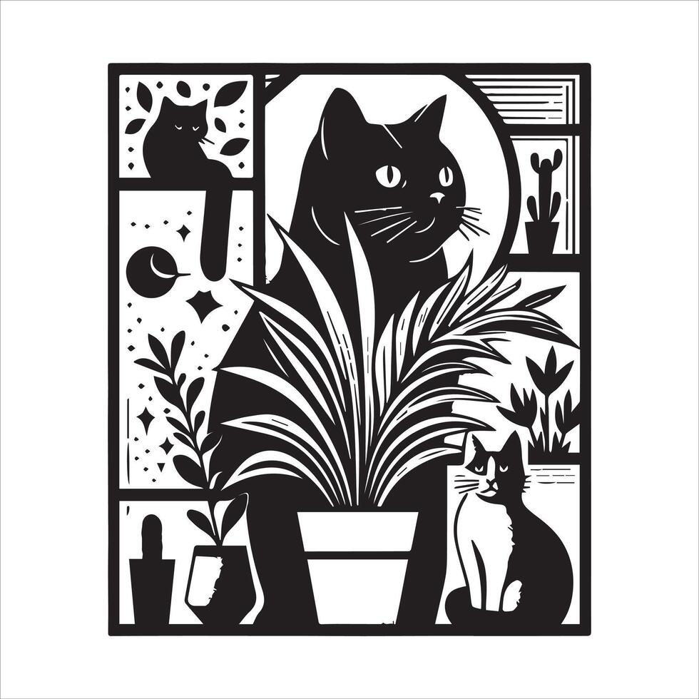 A silhouette black cat in an illustration frame with a floral design on its back silhouette print design vector