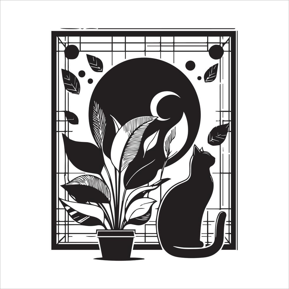 A silhouette black cat in an illustration frame with a floral design on its back silhouette print design vector
