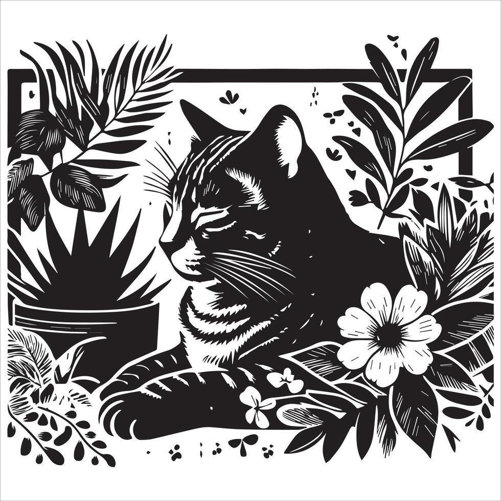 A silhouette black cat in an illustration frame with a floral design on its back silhouette print design vector