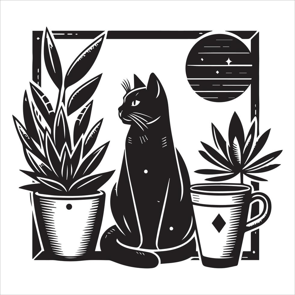 A silhouette black cat in an illustration frame with a floral design on its back silhouette print design vector