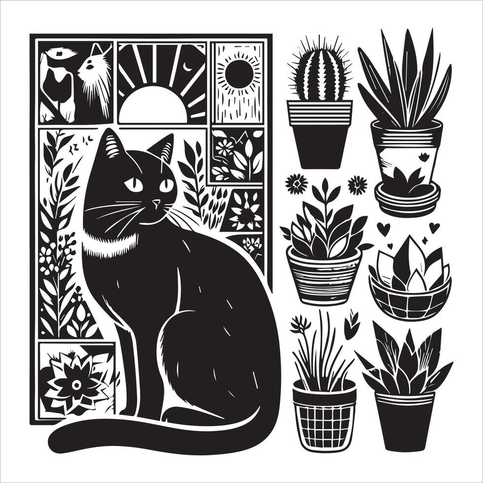 A silhouette black cat in an illustration frame with a floral design on its back silhouette print design vector