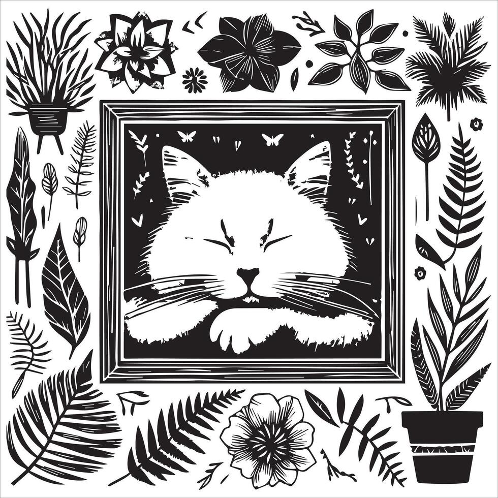 A silhouette black cat in an illustration frame with a floral design on its back silhouette print design vector