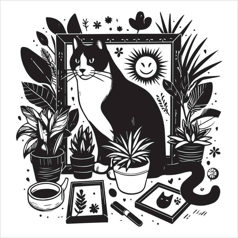 A silhouette black cat in an illustration frame with a floral design on its back silhouette print design vector