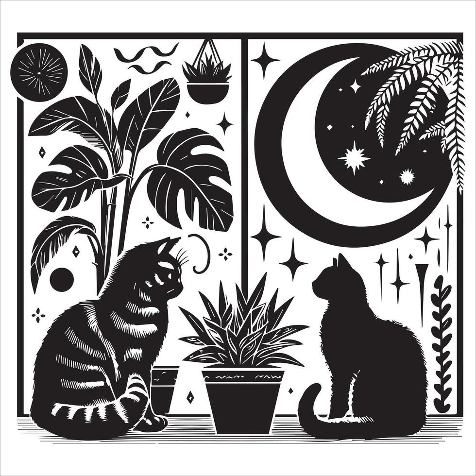 A silhouette black cat in an illustration frame with a floral design on its back silhouette print design vector