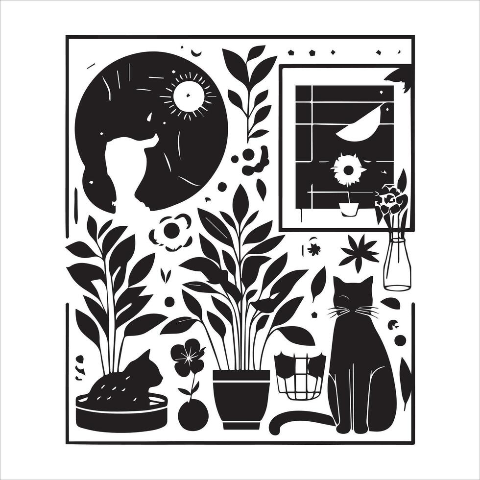 A silhouette black cat in an illustration frame with a floral design on its back silhouette print design vector