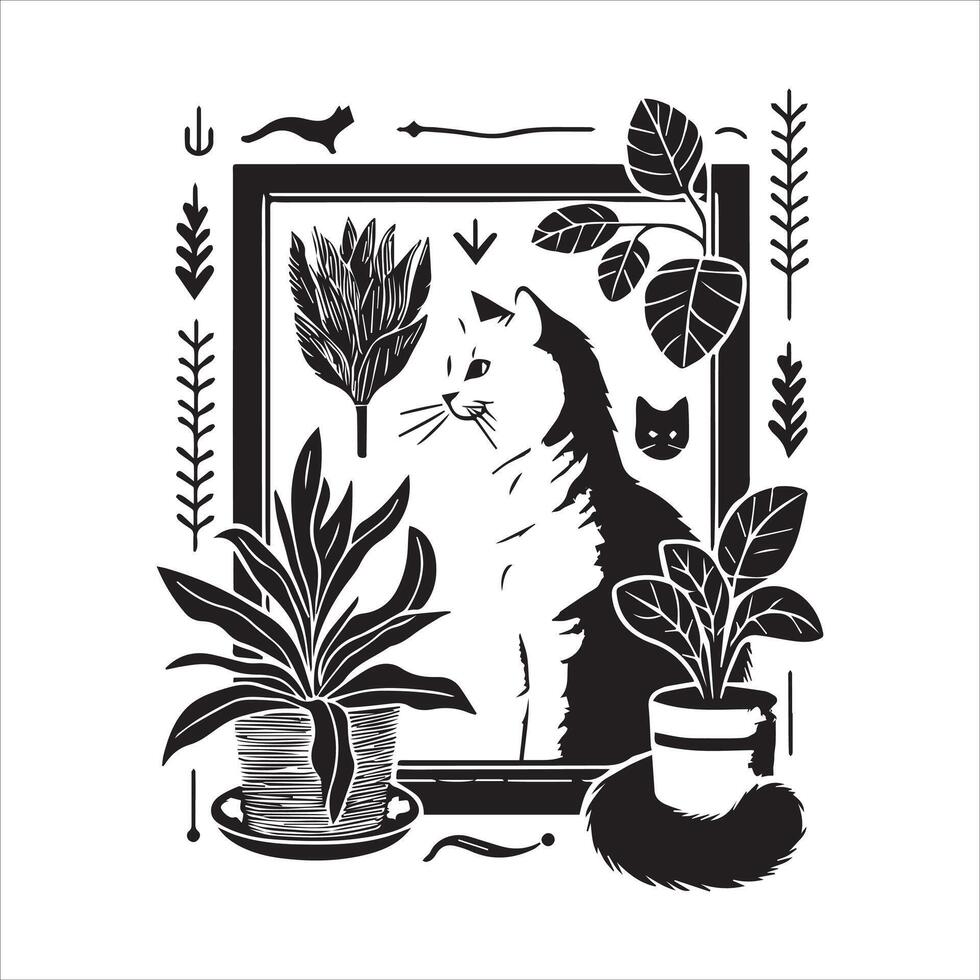 A silhouette black cat in an illustration frame with a floral design on its back silhouette print design vector