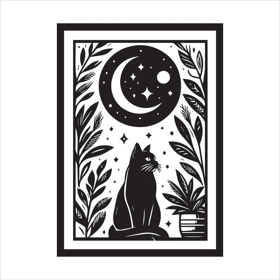 A silhouette black cat in an illustration frame with a floral design on its back silhouette print design vector