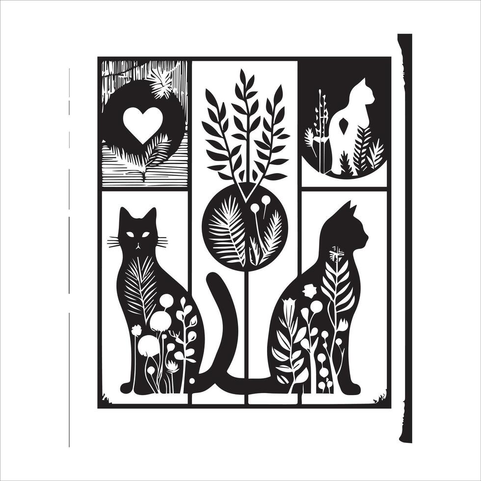 A silhouette black cat in an illustration frame with a floral design on its back silhouette print design vector