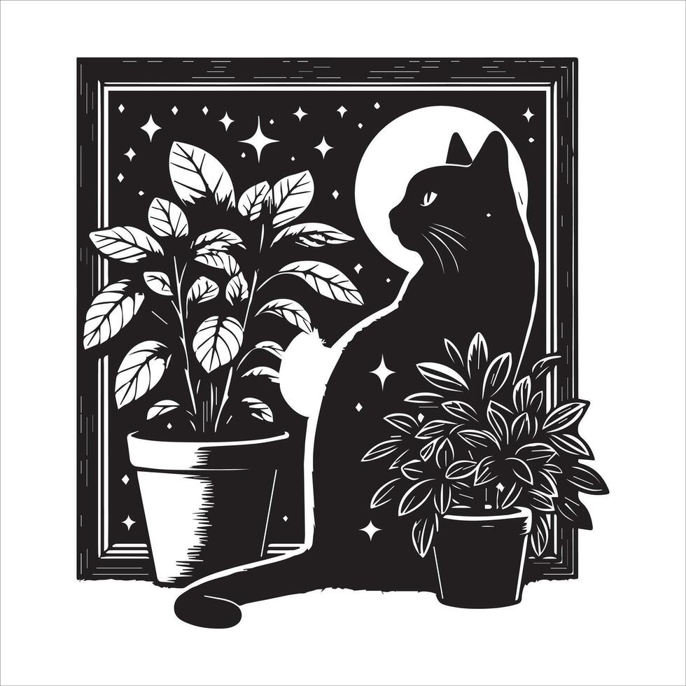 A silhouette black cat in an illustration frame with a floral design on its back silhouette print design vector