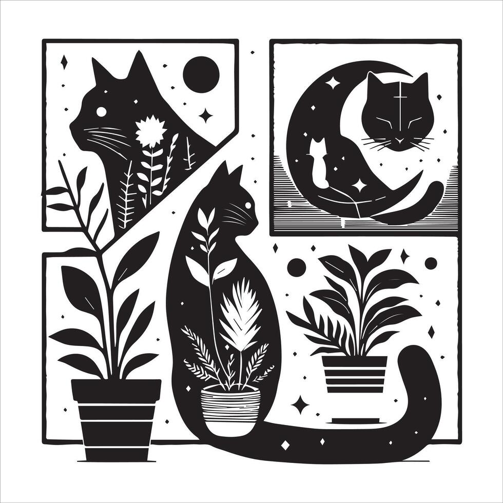 A silhouette black cat in an illustration frame with a floral design on its back silhouette print design vector