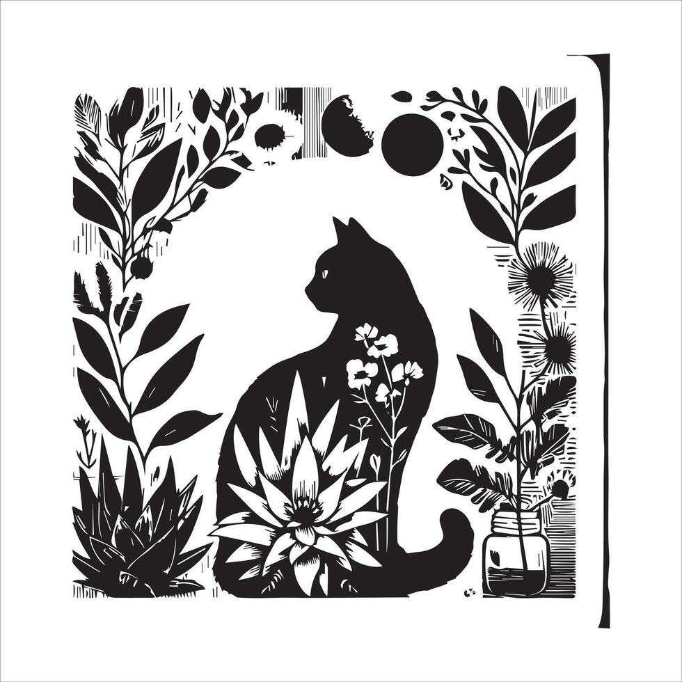 A silhouette black cat in an illustration frame with a floral design on its back silhouette print design vector