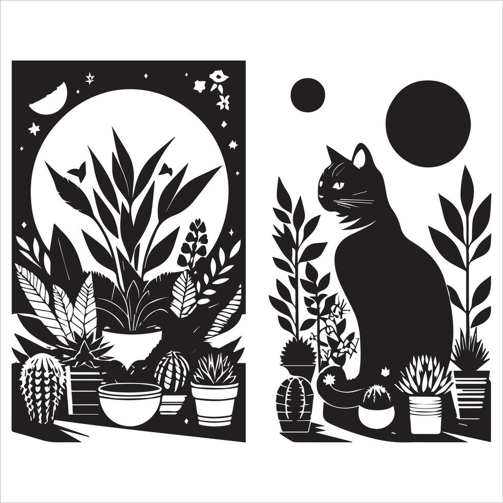 A silhouette black cat in an illustration frame with a floral design on its back silhouette print design vector