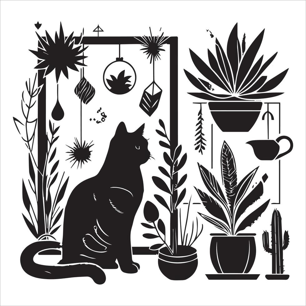 A silhouette black cat in an illustration frame with a floral design on its back silhouette print design vector