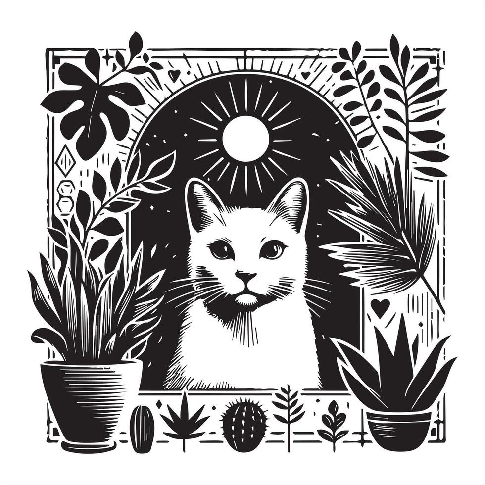 A silhouette black cat in an illustration frame with a floral design on its back silhouette print design vector