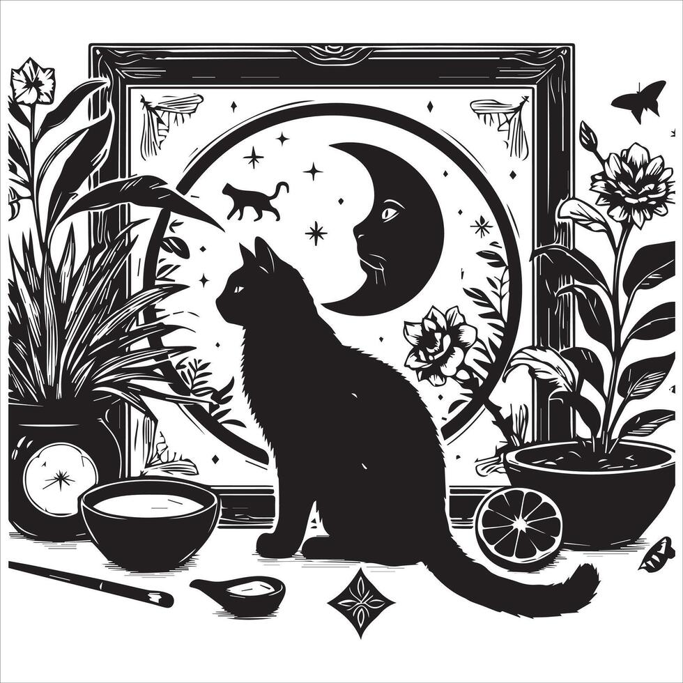 A silhouette black cat in an illustration frame with a floral design on its back silhouette print design vector