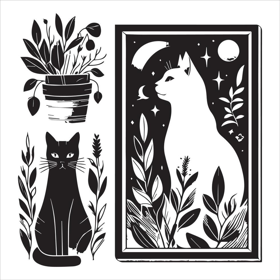 A silhouette black cat in an illustration frame with a floral design on its back silhouette print design vector