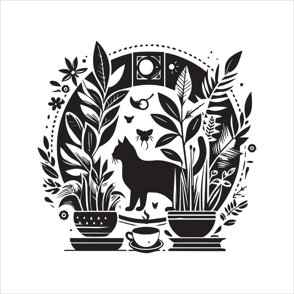 A silhouette black cat in an illustration frame with a floral design on its back silhouette print design vector