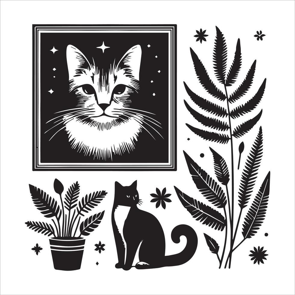 A silhouette black cat in an illustration frame with a floral design on its back silhouette print design vector