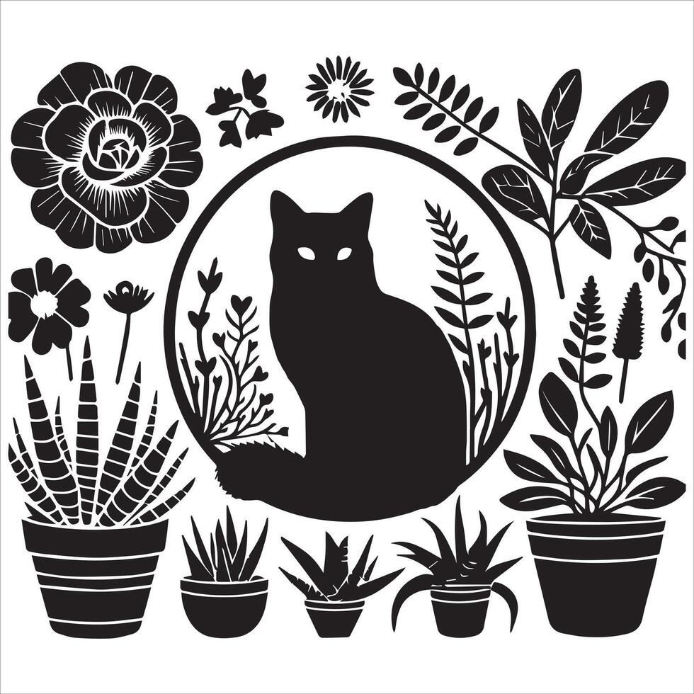 A silhouette black cat in an illustration frame with a floral design on its back silhouette print design vector
